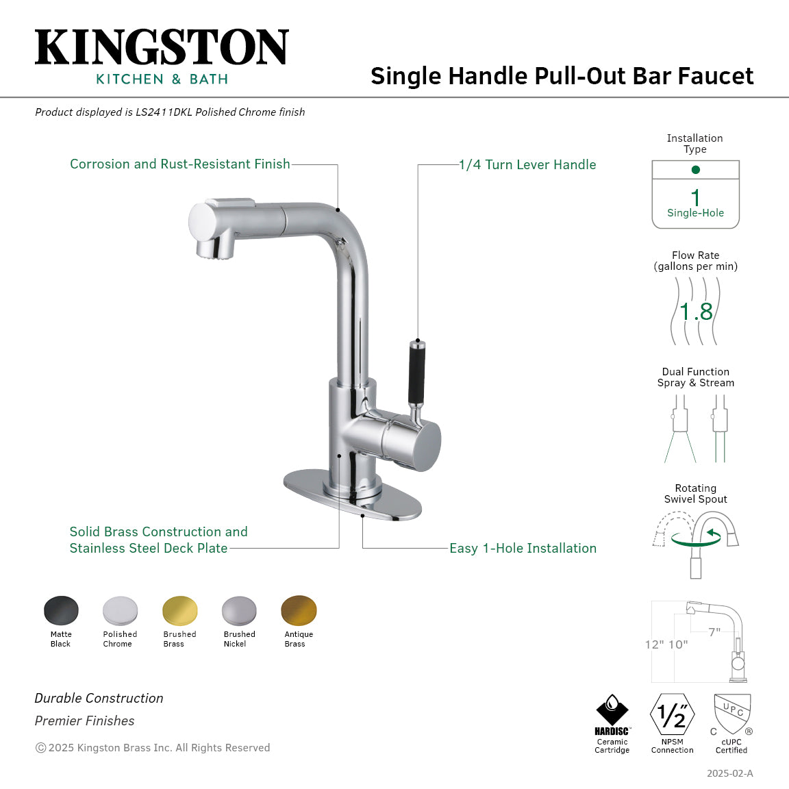 Kingston Sona LS241DKLAB - Kaiser Single-Handle 1-Hole Deck Mount Pull-Out Sprayer Bar Faucet, Antique Brass — thumbnail 2